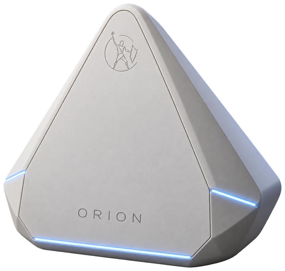 The Orion pod: a white pyramid-shaped speaker with the Orion emblem and wordmark on its face and glowing blue light strips along its base.