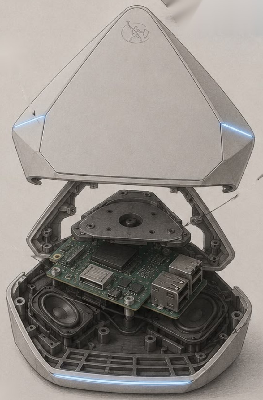 Exploded sketch of the Orion pod showing the lid with light strip, microphone plate, circuit board and two speakers.